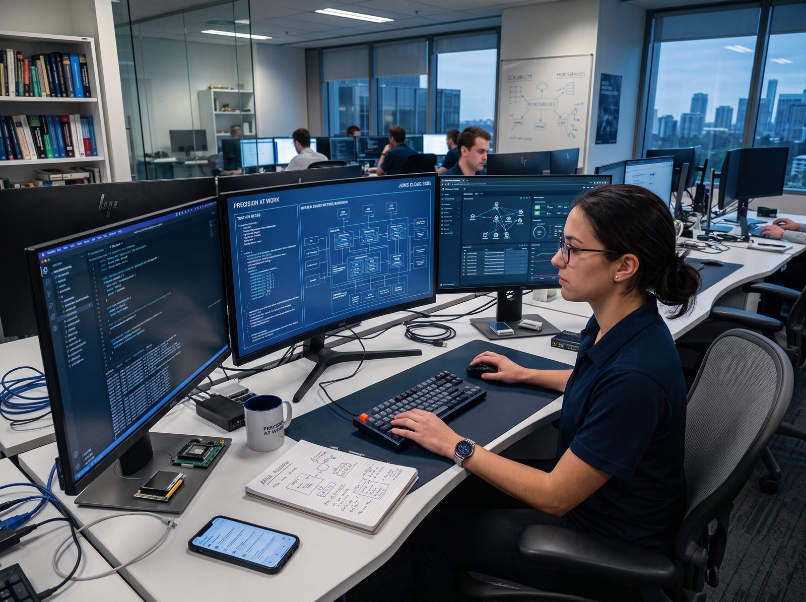 A PreciseForce engineer reviewing a system architecture diagram across a multi-monitor workstation, with the development team at work in the background.